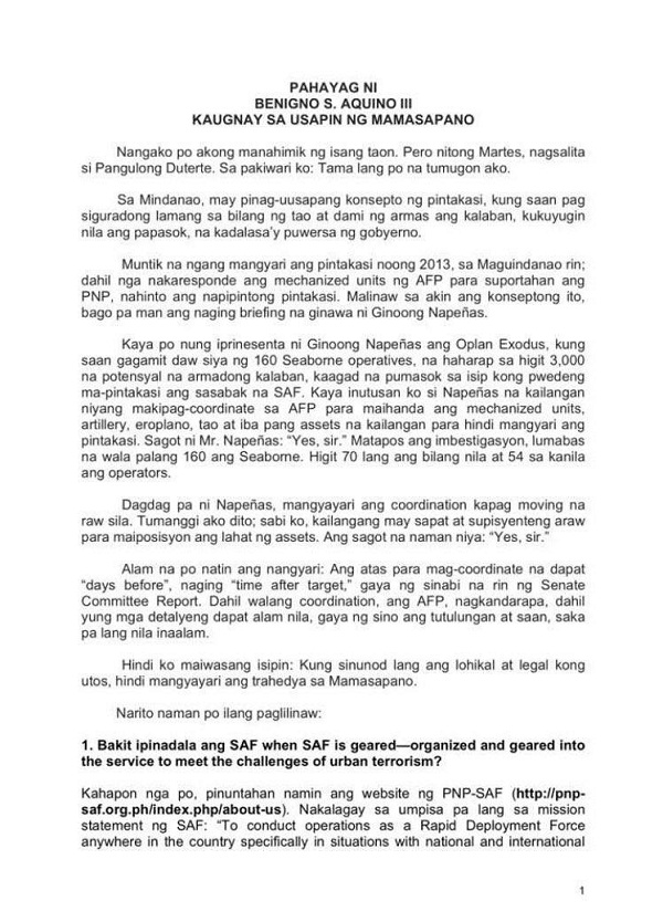 Reply of former Pres. Noynoy Aquino